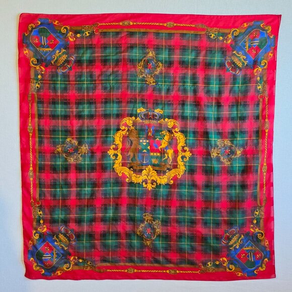 Vintage Italian Scarf 34" Square Tartan Plaid & Heraldic Crest Red/Green Gold - Picture 1 of 6